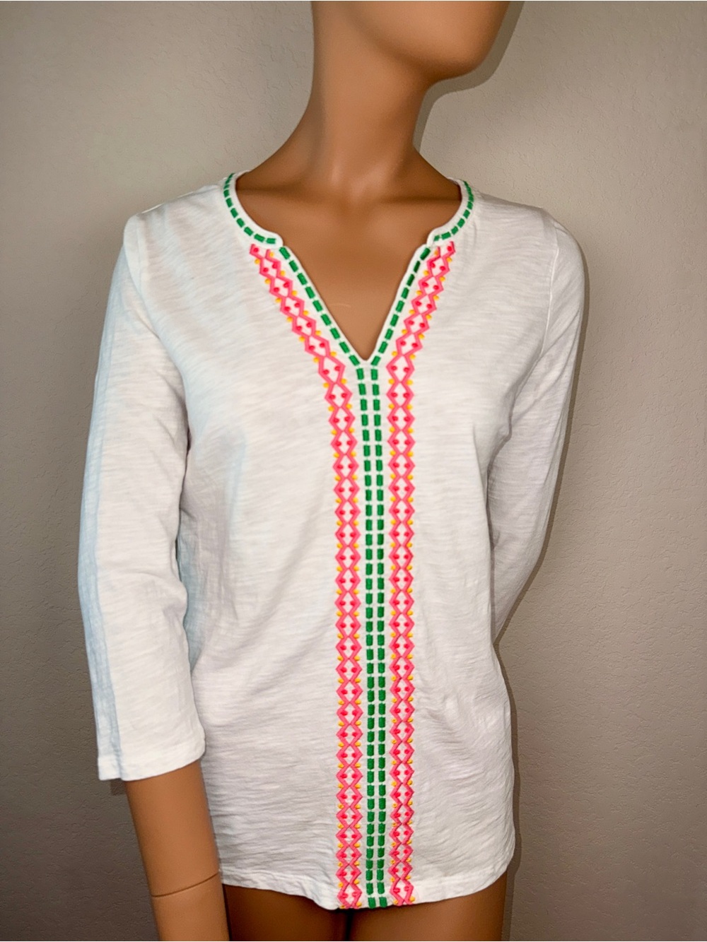 Boden White Embroidered Notch Neck Top 3/4 Sleeve Boho Size US 2 (flawed)